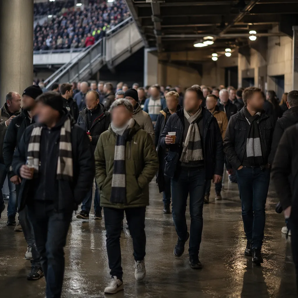 Wide shot of generic football fans in a stadium concourse, wearing casual clothi