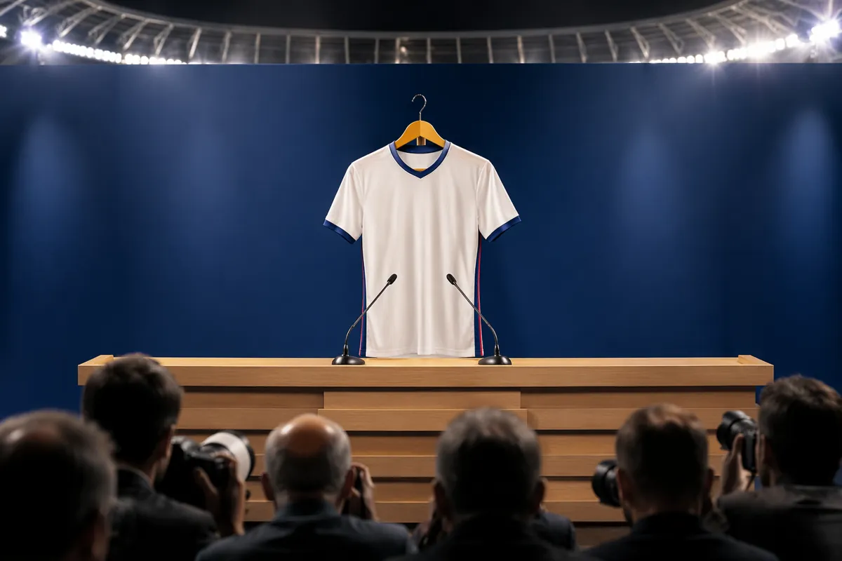 Professional football press conference scene, empty podium with generic national team jers