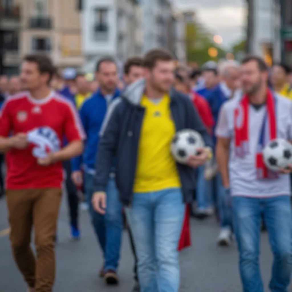 Blurred international fans wearing casual clothes holding football memorabilia,