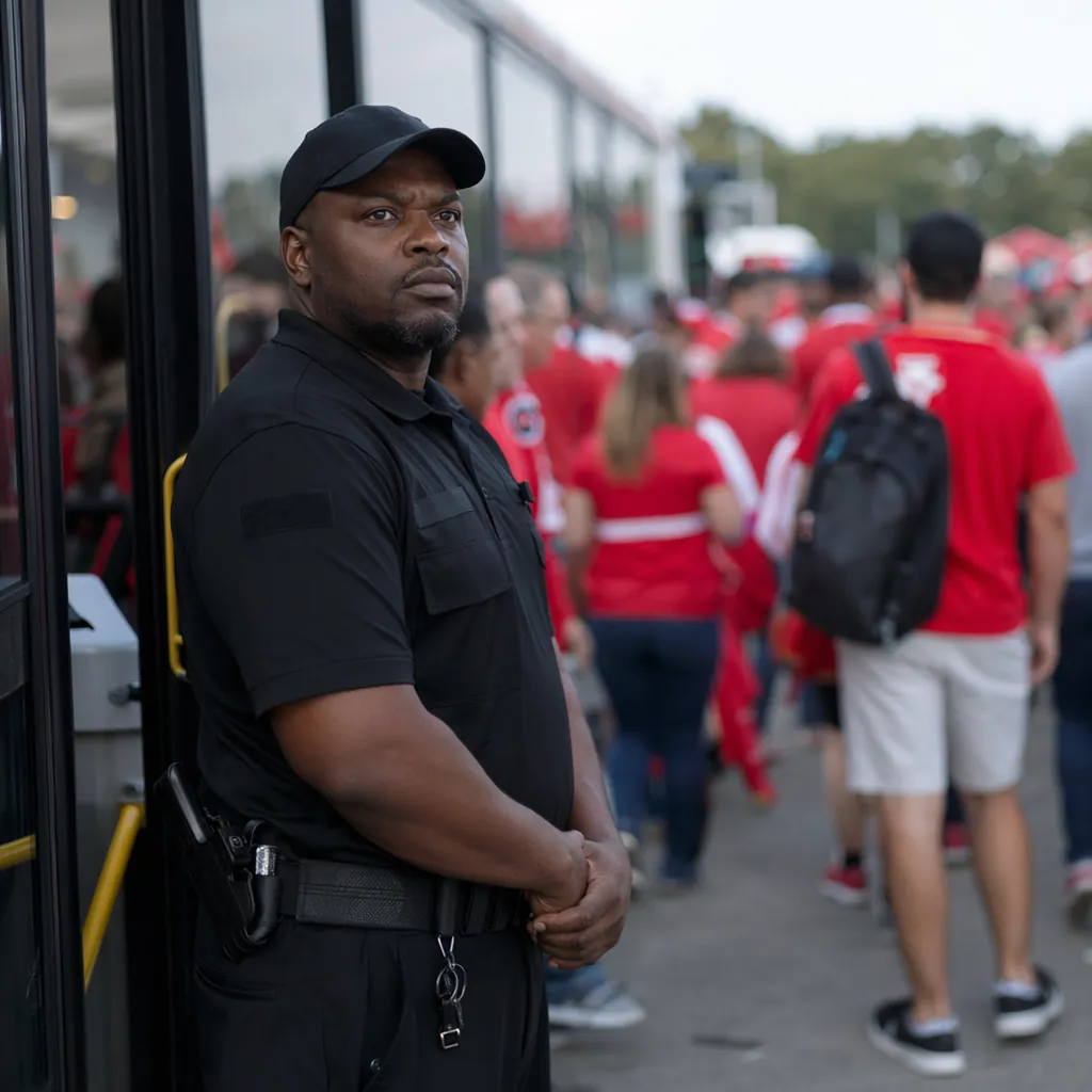 Uniformed security guard standing at the entrance of a fan shuttle bus stop, cro