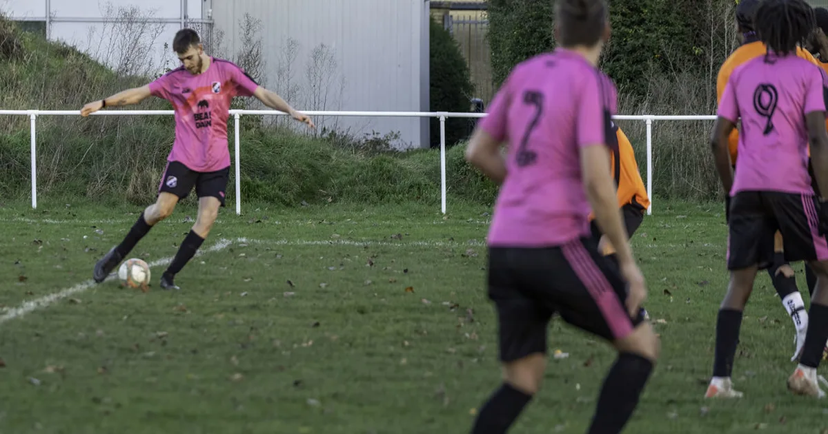 Professional football referee holding a football rulebook on a green grass pitch, bright s