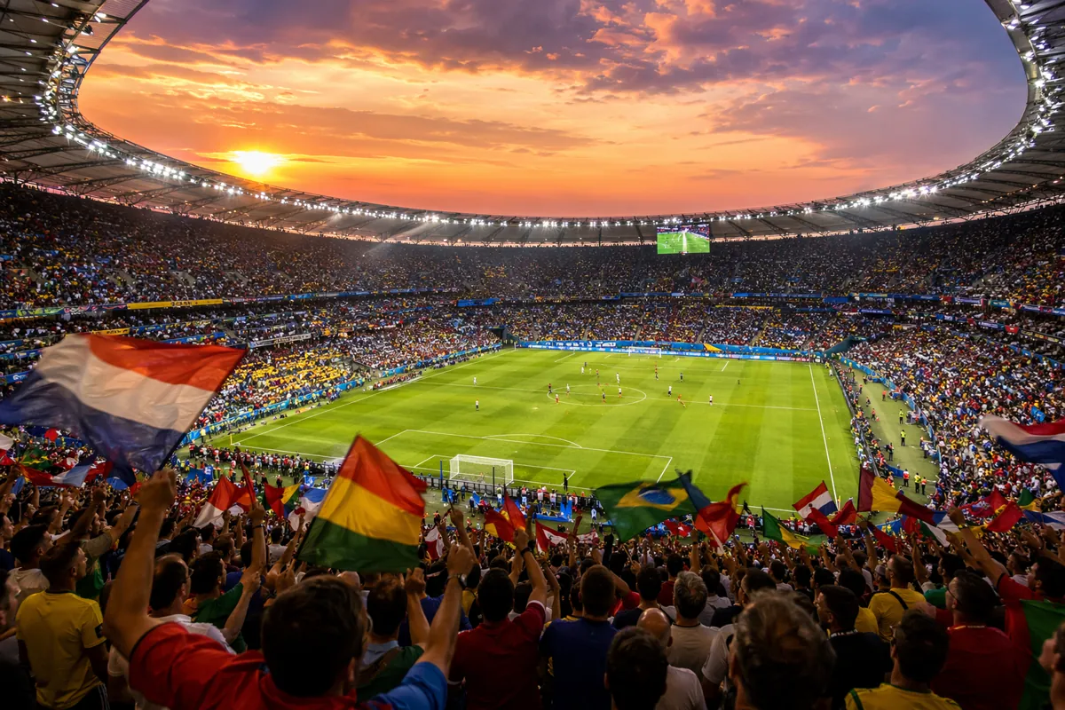 Wide shot of a modern world cup football stadium at sunset, with colorful fan flags waving