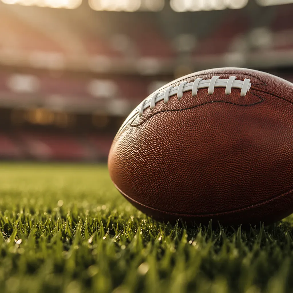 Close up shot of a generic football on a green grass pitch, with blurred stadium