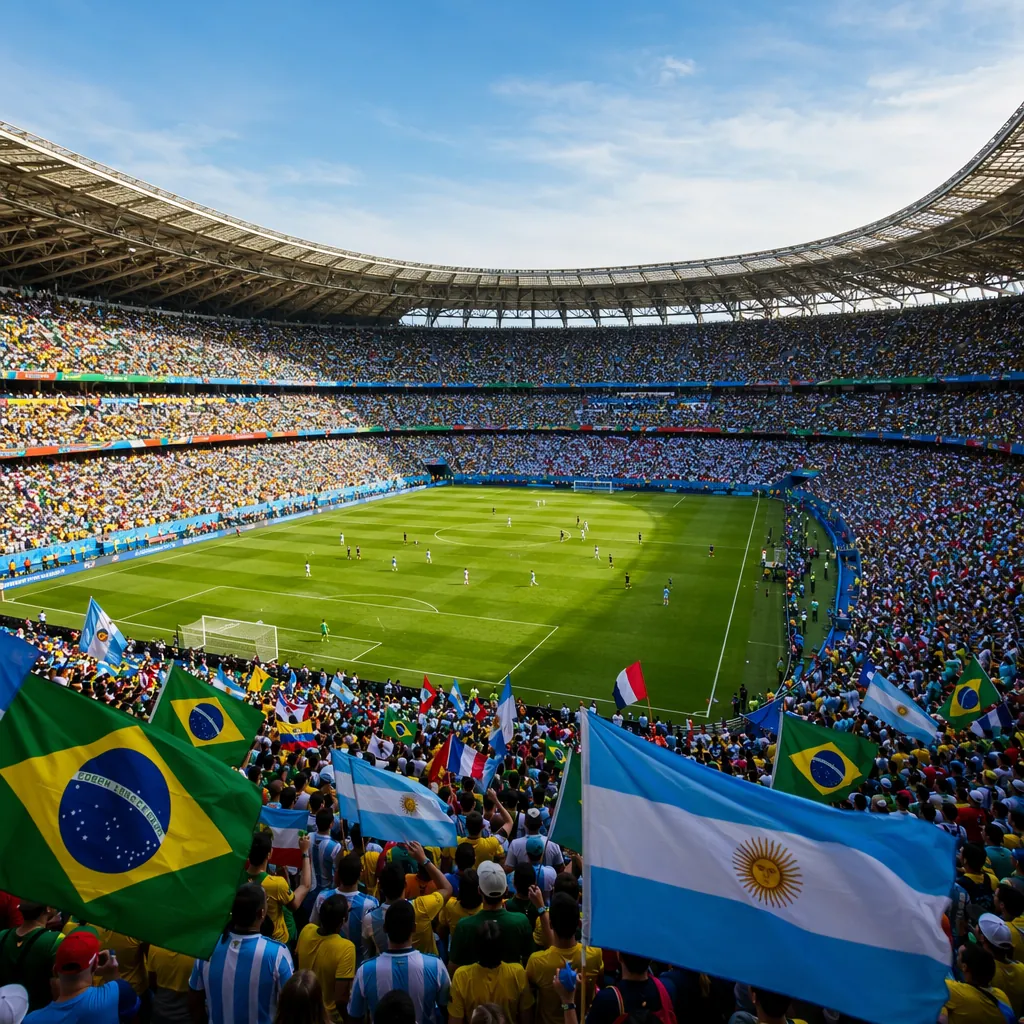 Wide shot of a packed World Cup stadium during a match, vibrant fan colors and n