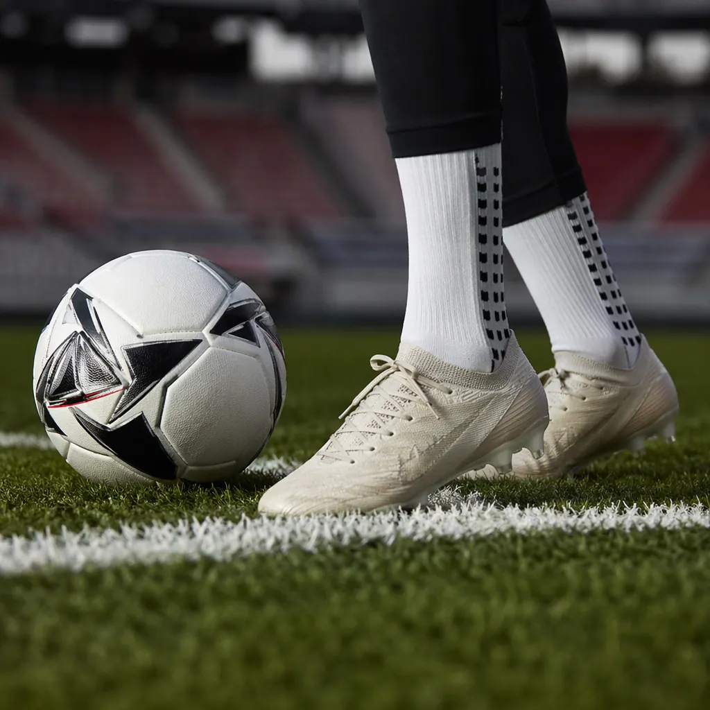 Close-up of professional football boots next to a ball on the edge of the penalt