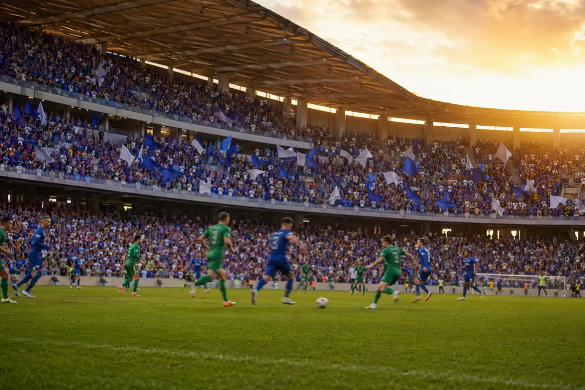 Wide shot of a professional soccer stadium during a warmup match, blurred players in blue