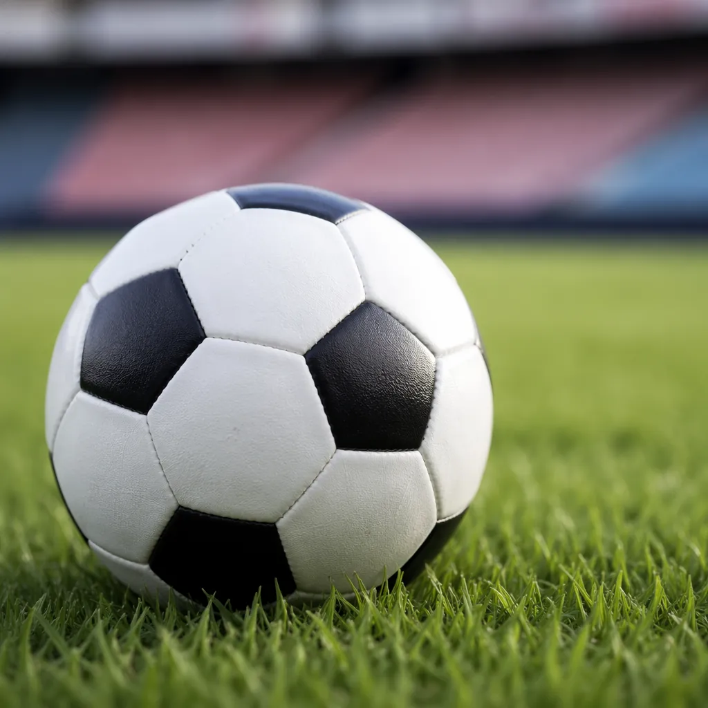 Close up shot of a soccer ball on a green grass pitch, blurred stadium seating i