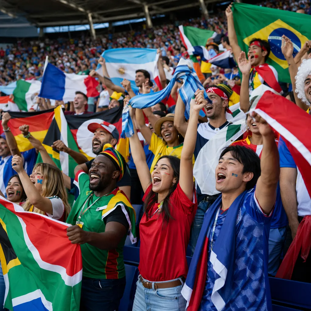Wide shot of diverse soccer fans cheering in stadium stands, holding colorful na