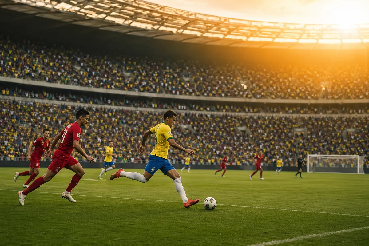 Wide shot of a professional soccer stadium during a World Cup match, golden sunset light o