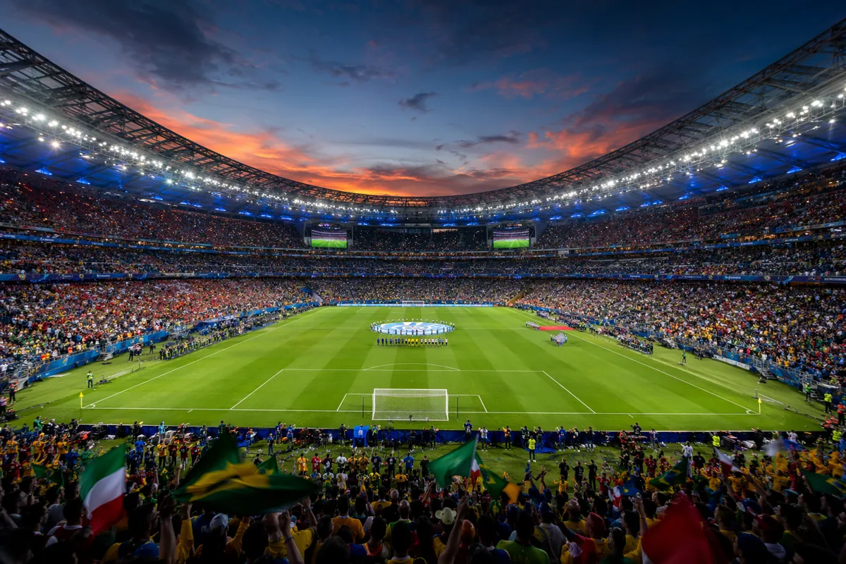 Wide shot of a vibrant World Cup soccer stadium at dusk, with well-maintained green pitch,