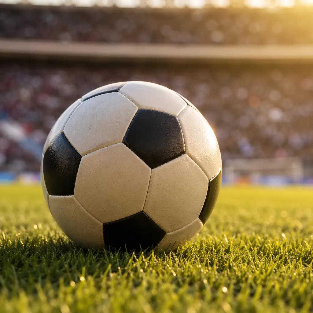 Close up of a traditional soccer ball resting on lush green grass pitch, with bl