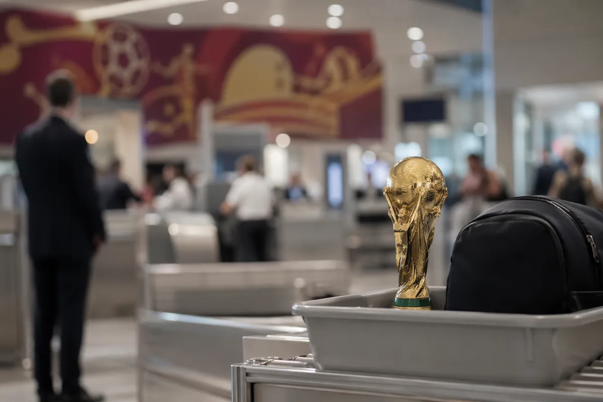 Professional journalistic header image showing a blurred airport customs checkpoint with s