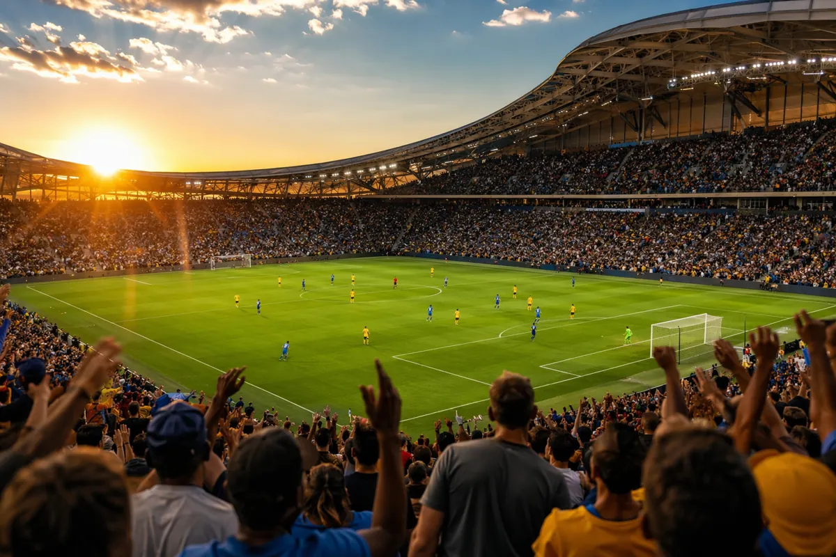 Wide shot of a packed modern American soccer stadium at golden hour, blurred players in bl