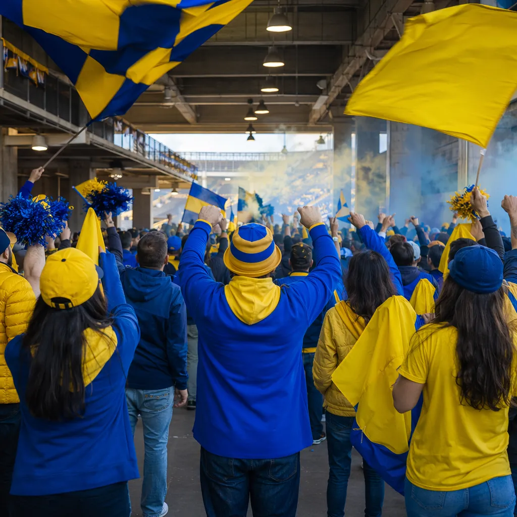 Wide shot of anonymous soccer fans wearing generic blue and yellow fan apparel c