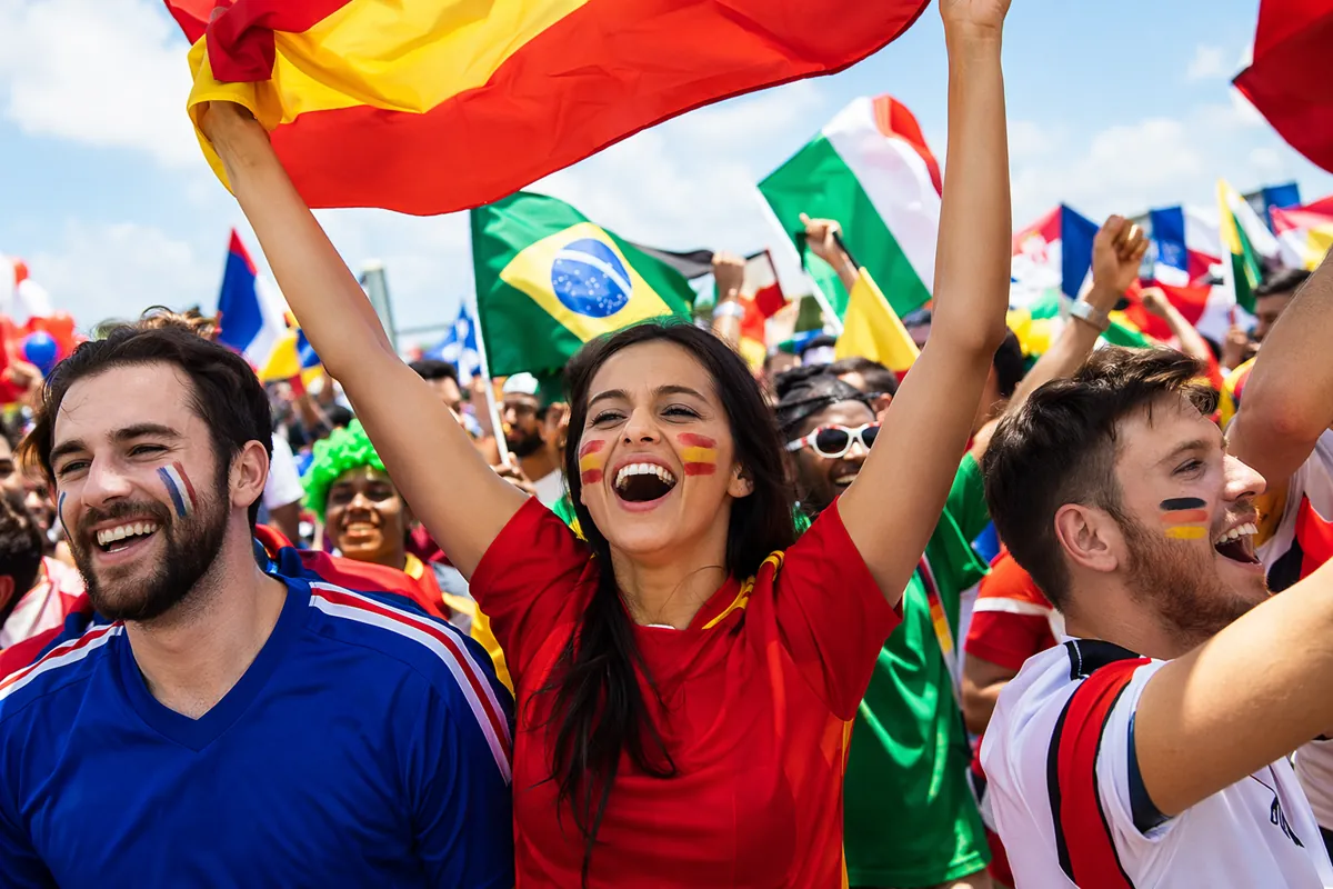 Vibrant World Cup fan gathering, crowds of supporters wearing colorful national team jerse