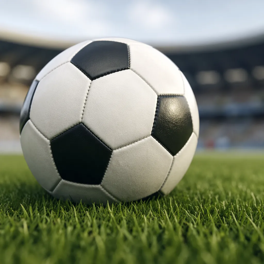 Close up shot of a generic soccer ball resting on green grass on a soccer pitch,