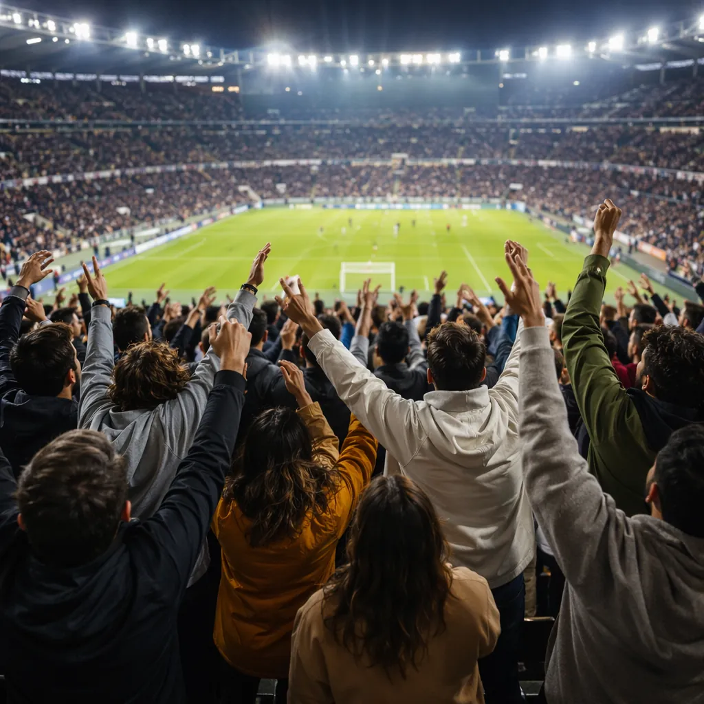 Wide shot of generic soccer fans wearing mixed neutral colors cheering in stadiu