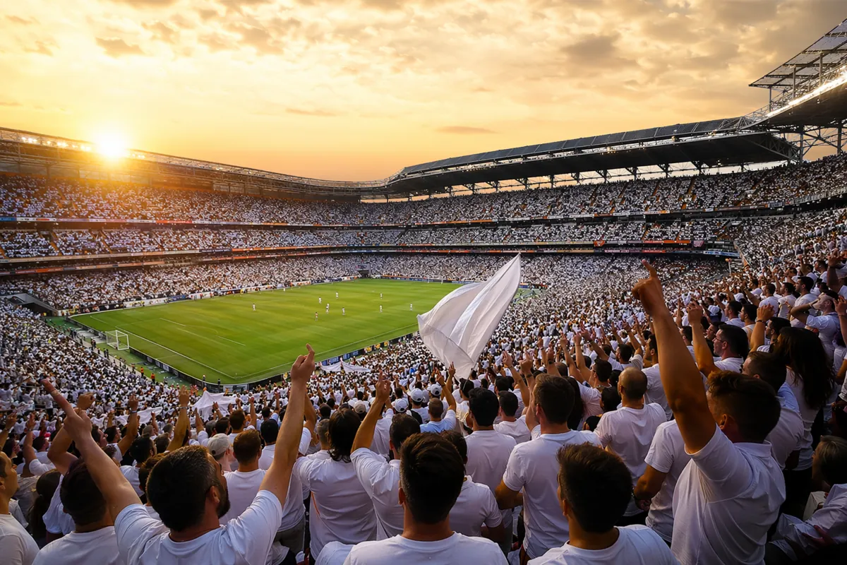 Wide shot of a packed football stadium during golden hour, thousands of fans wearing white