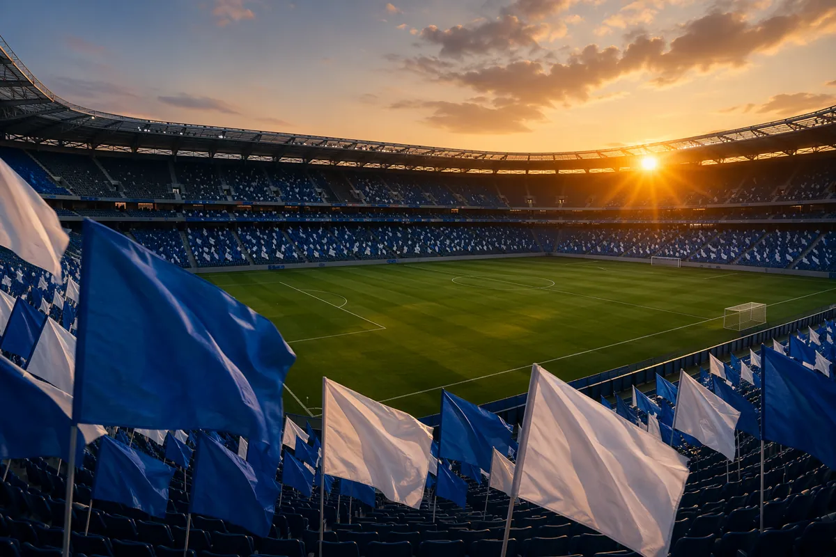 Wide shot of a professional football stadium at sunset, with empty green pitch, white and