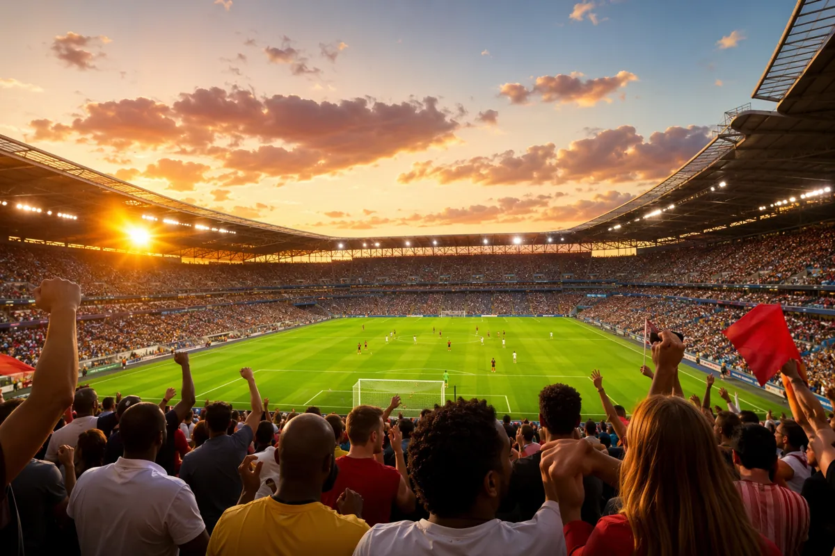 Panoramic view of a modern, well-lit football stadium at golden hour, with diverse cheerin