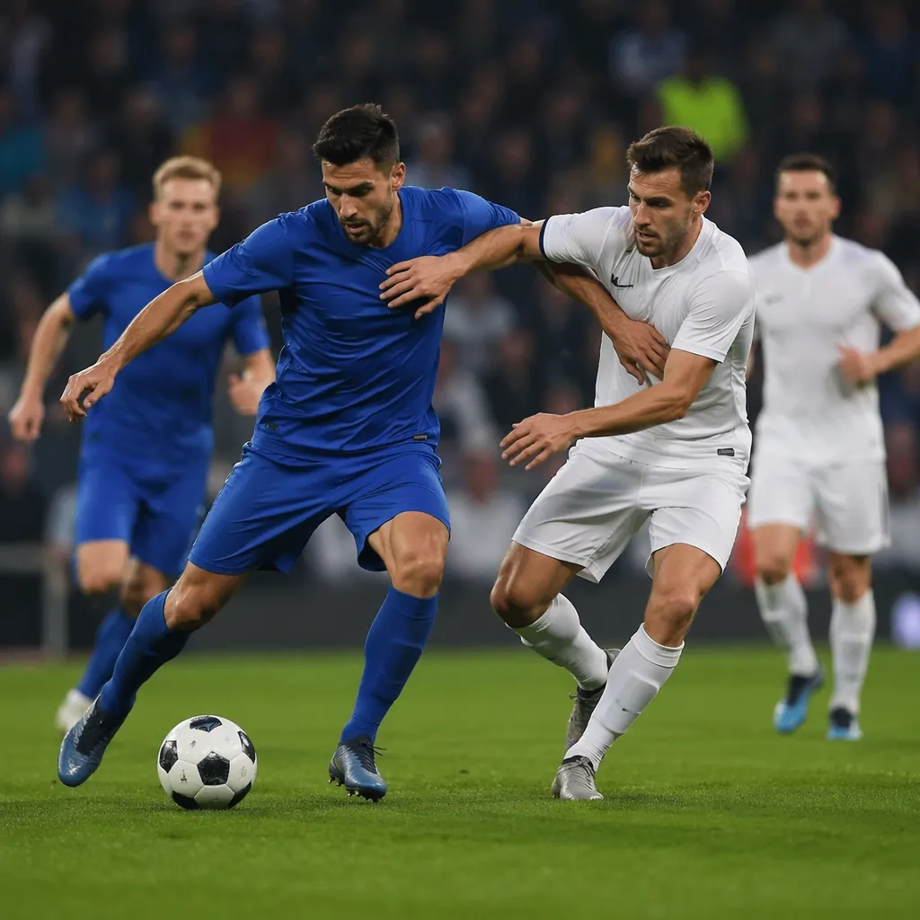 Generic football match action shot of players in blue and white jerseys competin