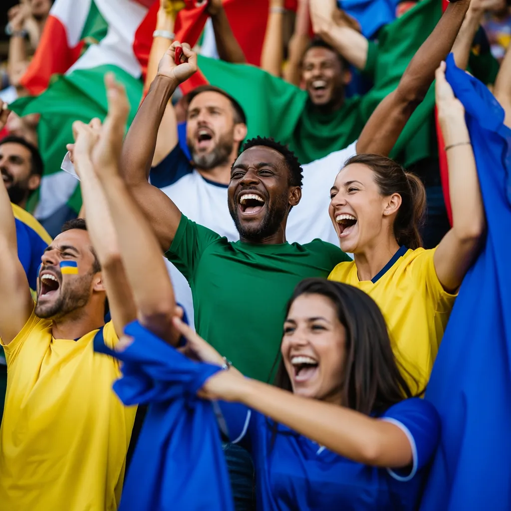 Group of diverse soccer fans cheering together, wearing generic colorful sports