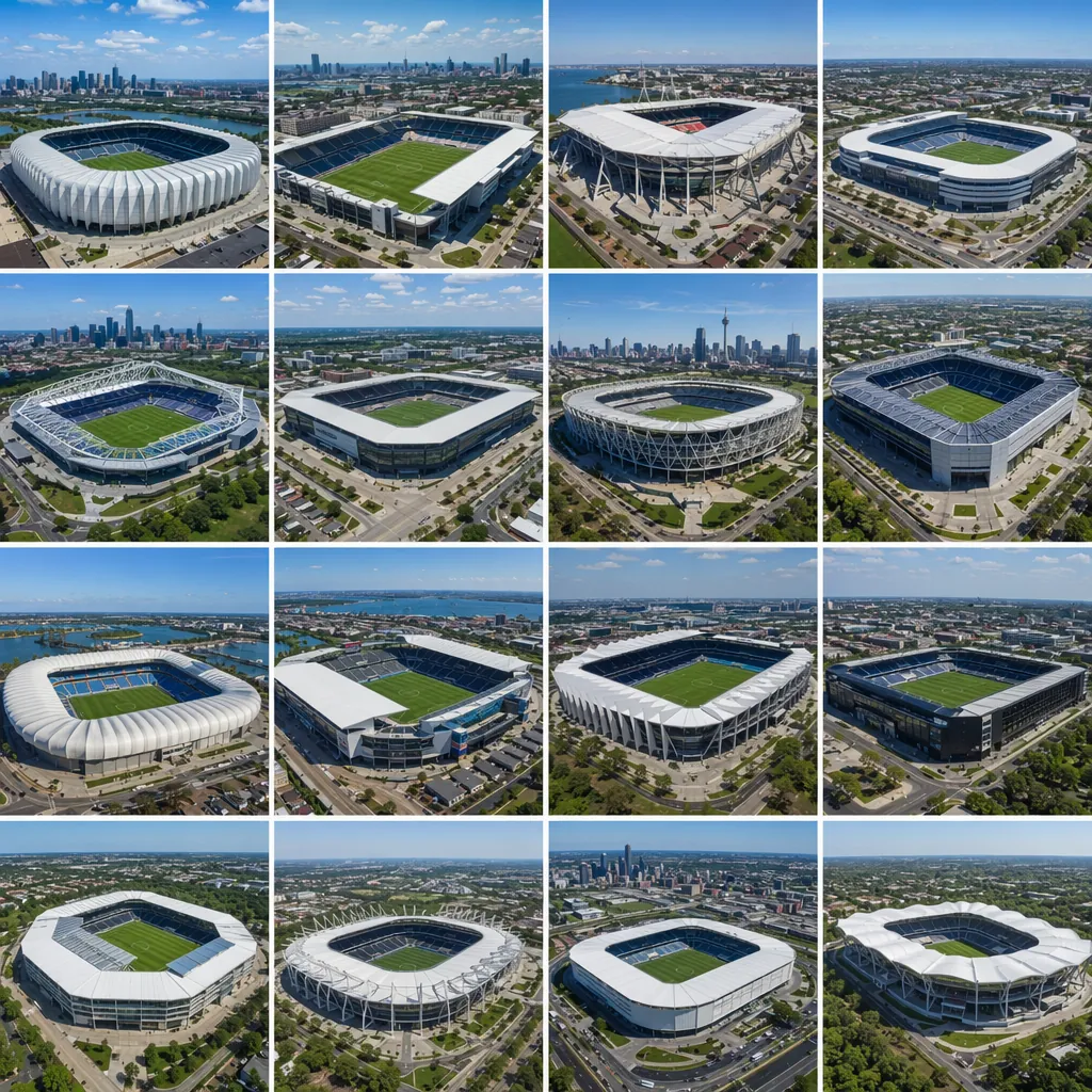 Aerial panoramic view of 16 different modern football stadiums across North Amer