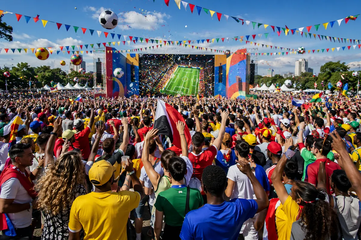 Wide shot of a vibrant World Cup themed outdoor fan zone, with colorful bunting, generic f