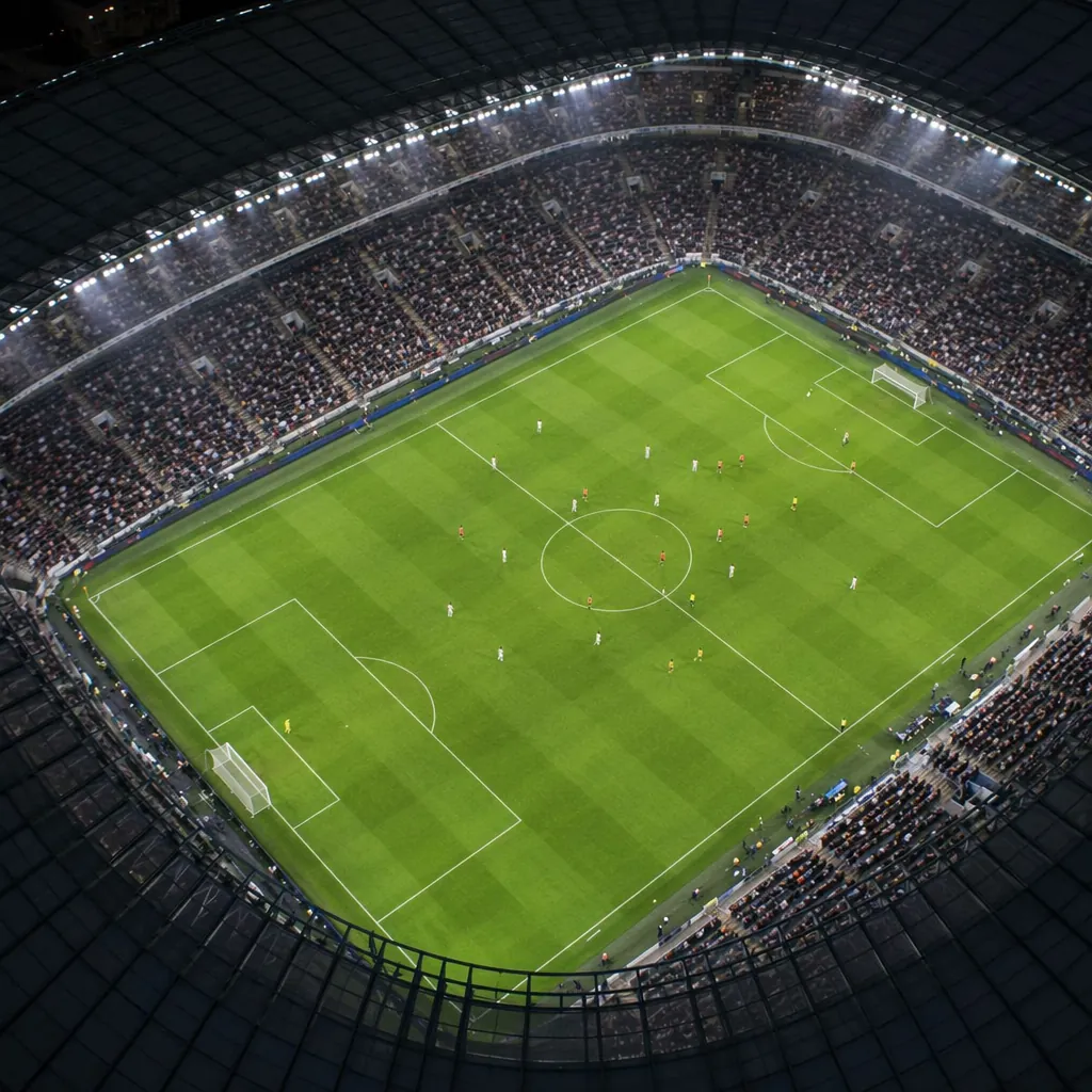 Aerial view of a modern football stadium during a match, blurred crowd on the st