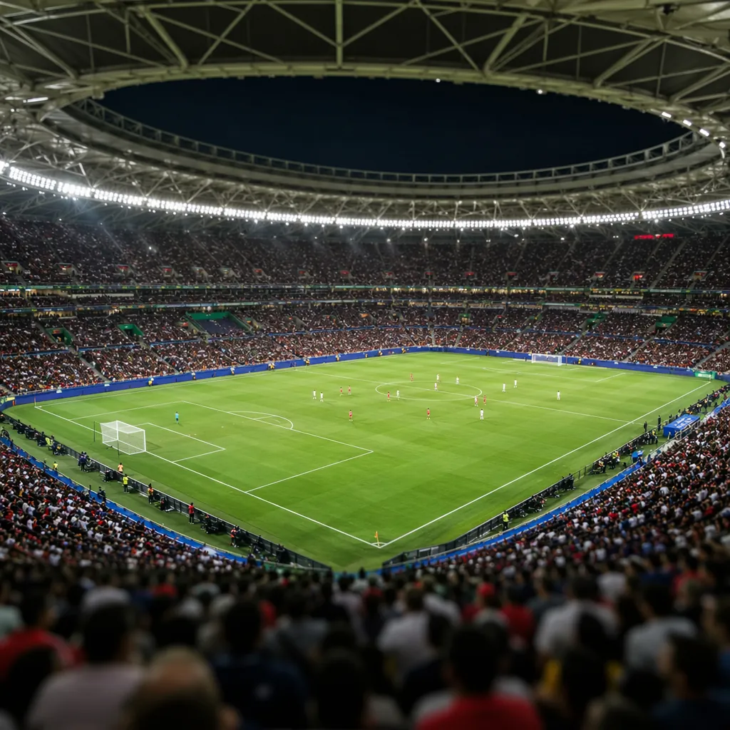 Wide shot of a large World Cup football stadium interior during a match, blurred