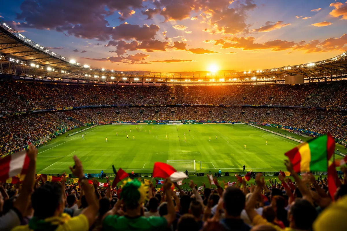 Wide shot of a modern football stadium at sunset, green pitch in the center, blurred cheer