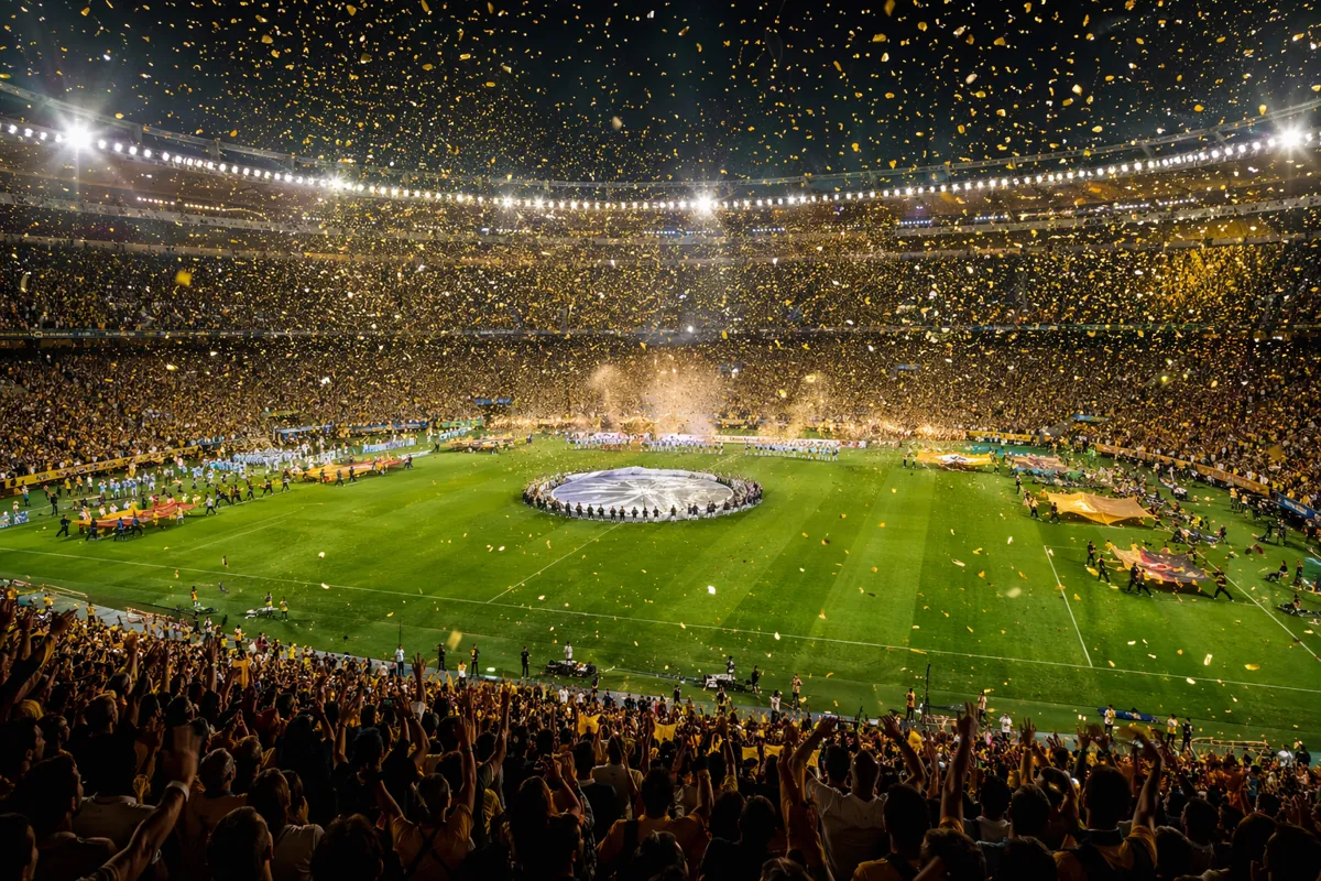 Wide shot of a packed football stadium during opening ceremony, golden confetti falling ov