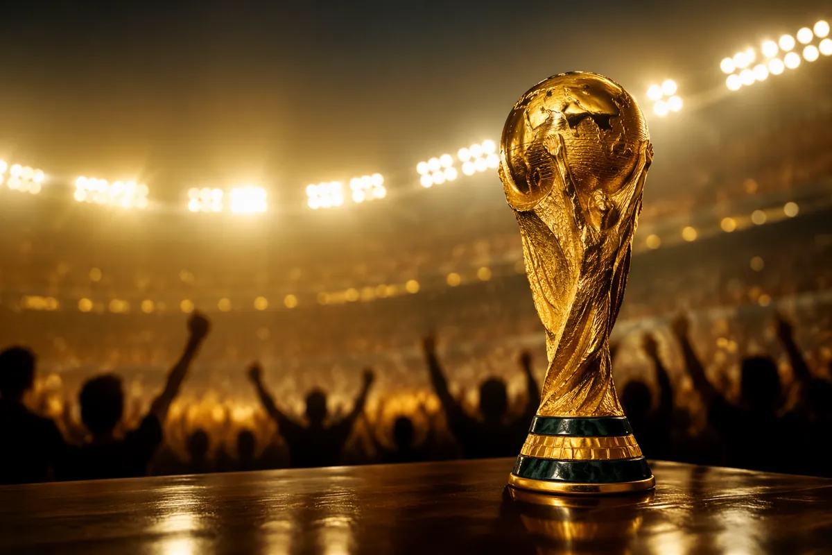 Wide shot of a golden world cup football trophy placed on a polished dark wooden surface,