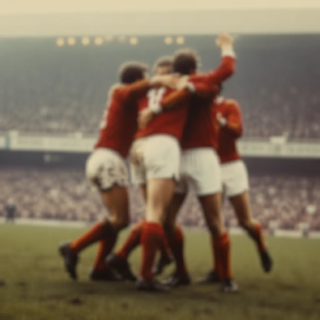 Blurred vintage-style shot of football players celebrating a goal on the pitch,