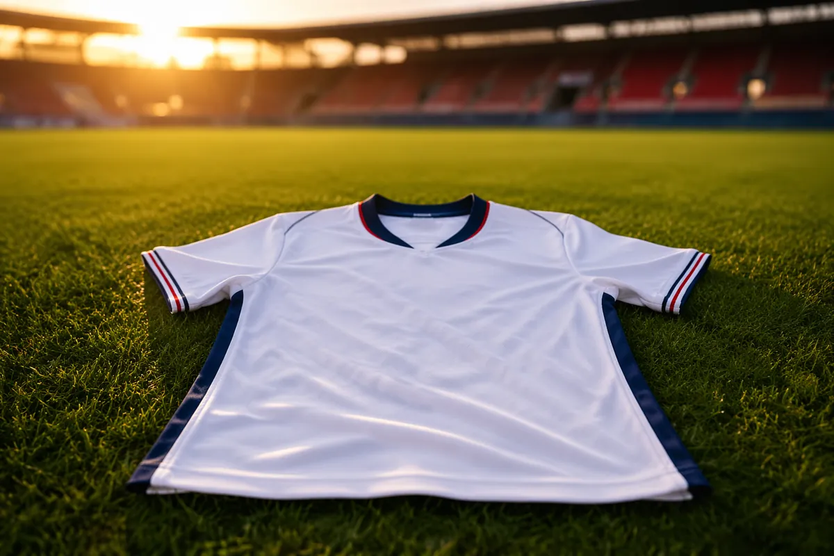 A plain England national team football jersey laid flat on green natural grass football pi