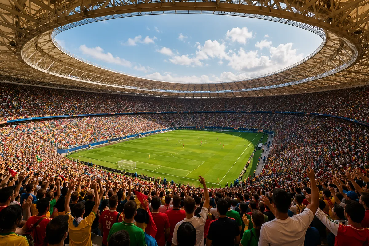 Wide shot of a modern FIFA World Cup football stadium during daytime, full of cheering fan