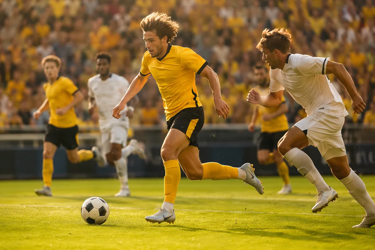 Dynamic football match action shot, golden sunlight over the green stadium pitch, blurred