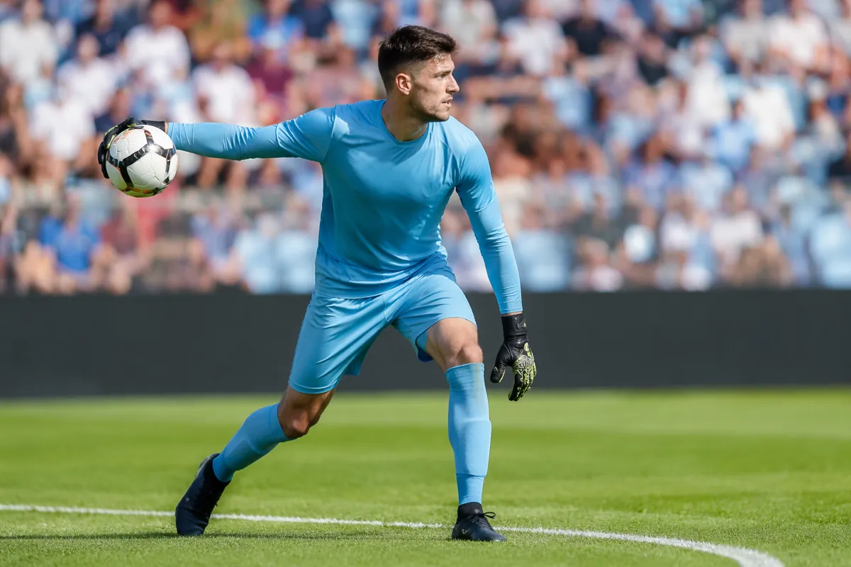 Professional football goalkeeper wearing generic unbranded jersey standing near the halfwa