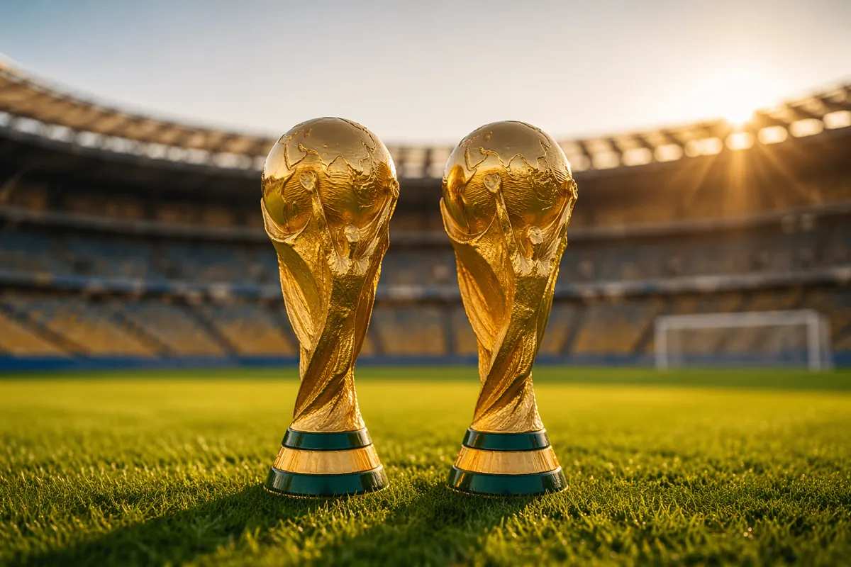 Two classic FIFA World Cup trophies placed side by side on a well-maintained green footbal