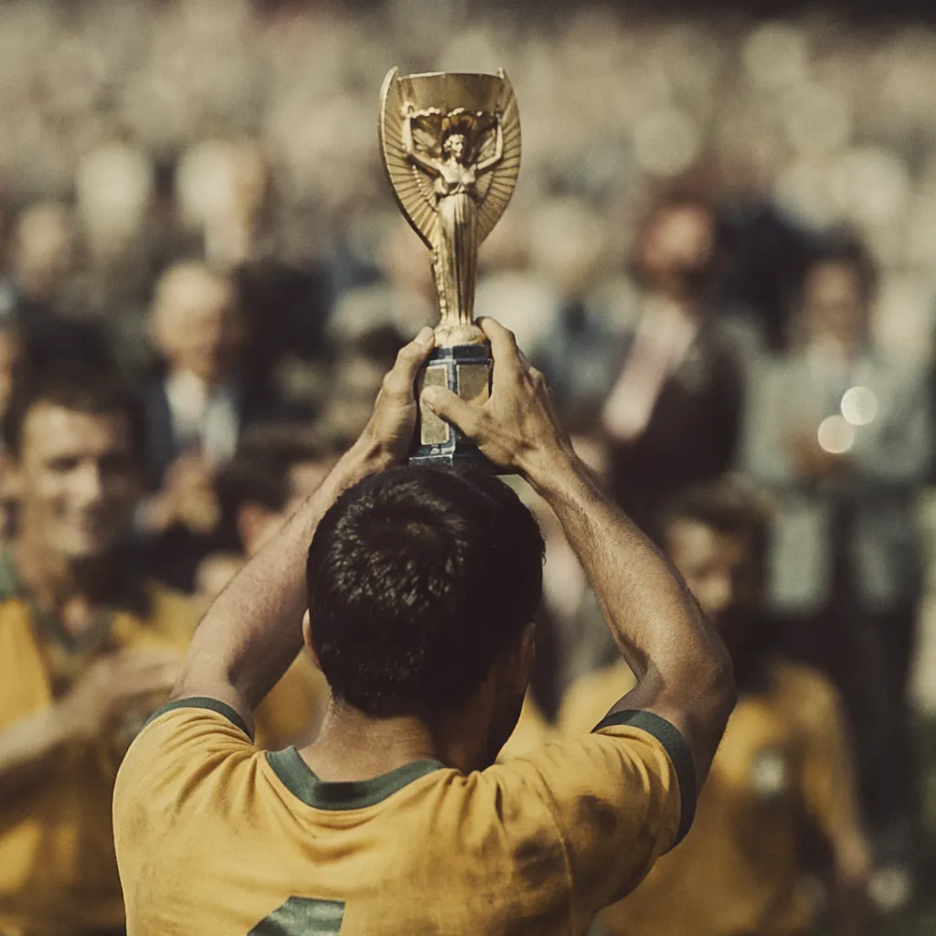 Vintage-style photograph of a mid-20th century World Cup awarding ceremony, blur