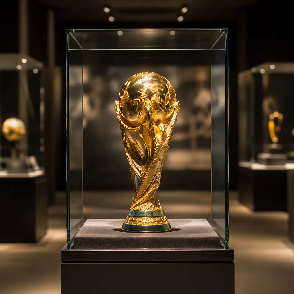 Shiny golden FIFA World Cup trophy displayed inside a clear glass case in a foot
