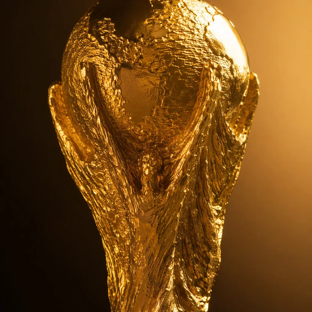 Close-up of FIFA World Cup Trophy details, shiny 18K gold surface, embossed line