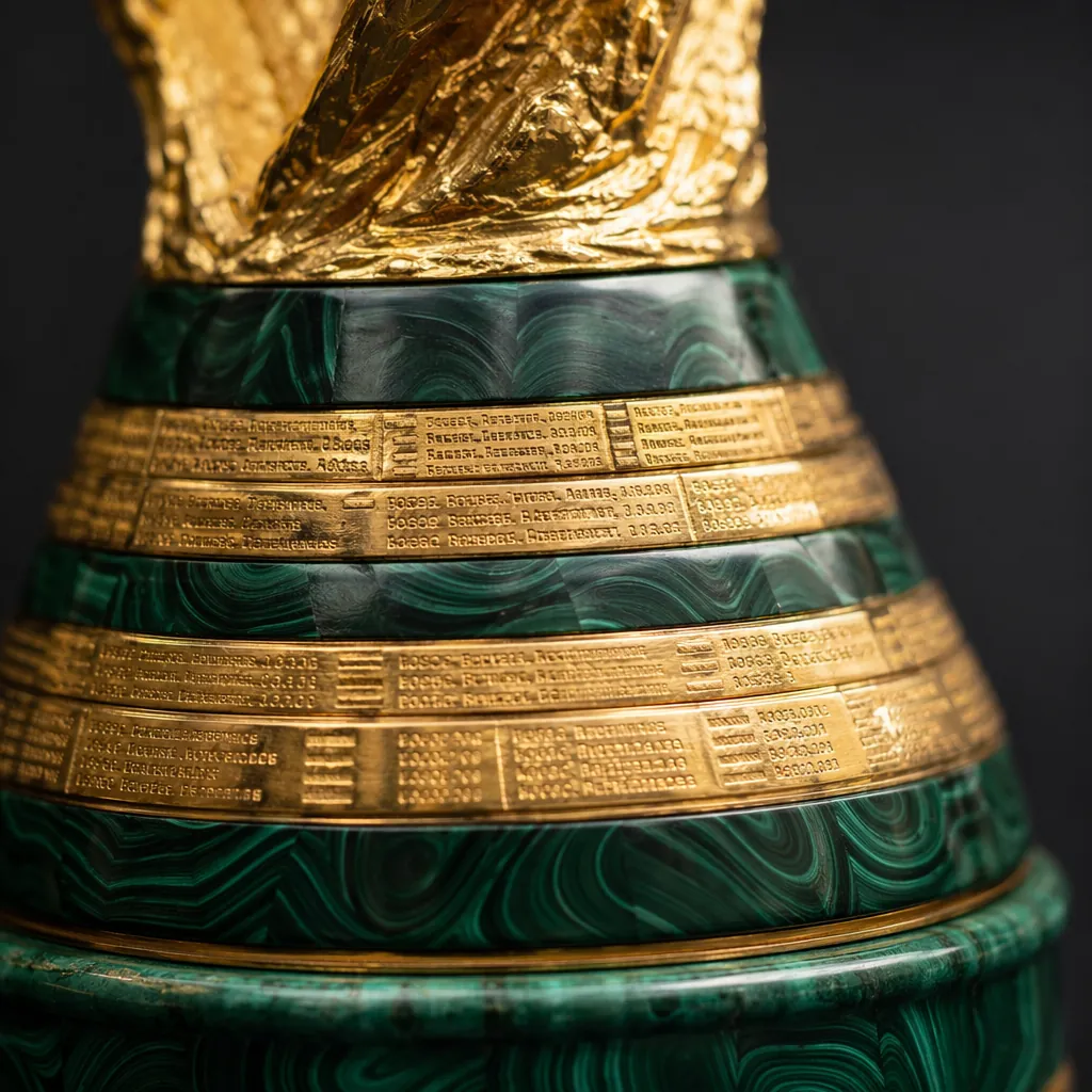 Close-up shot of the details of a FIFA World Cup Trophy base, engraved country n