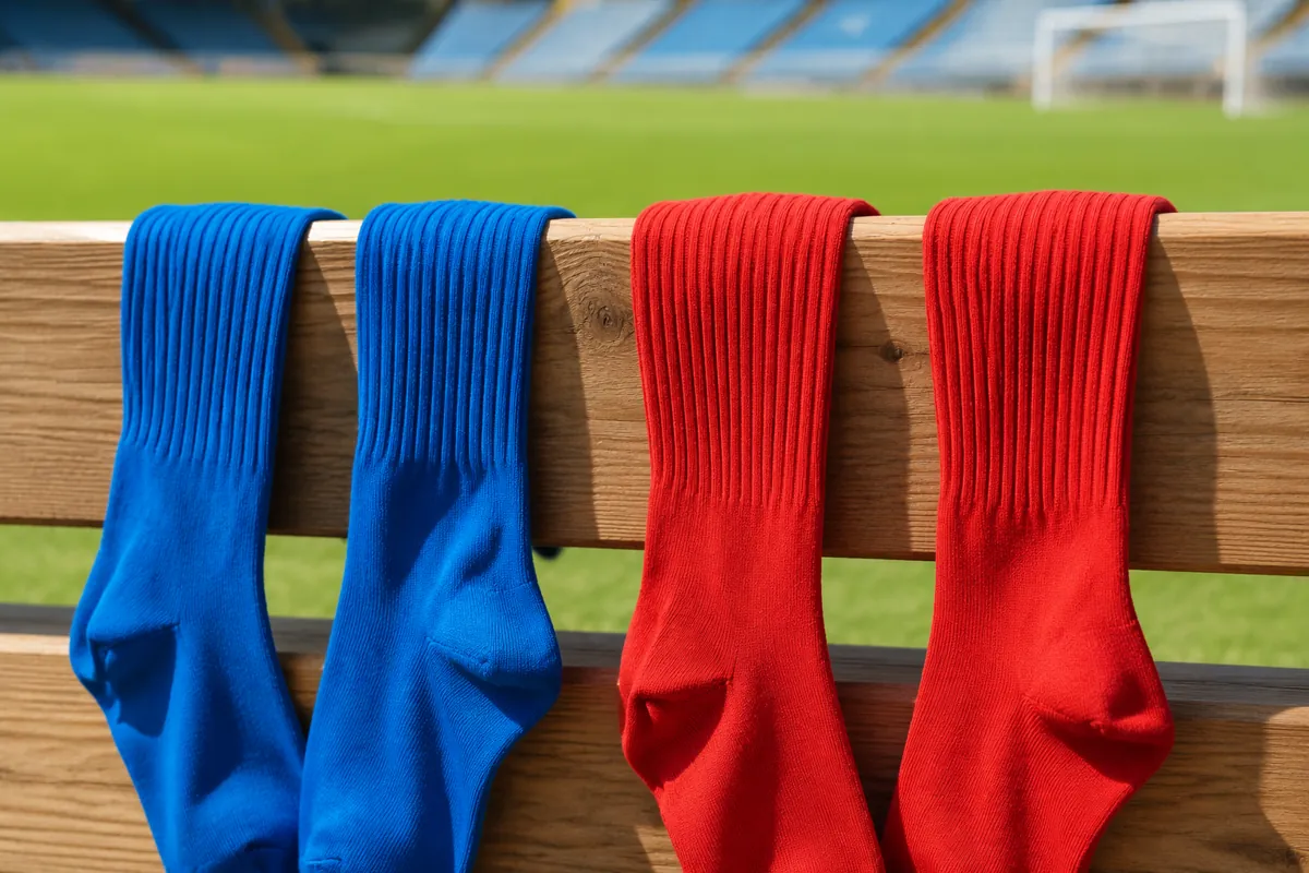 Close-up shot of clean football long socks in two contrasting team colors draped over a wo
