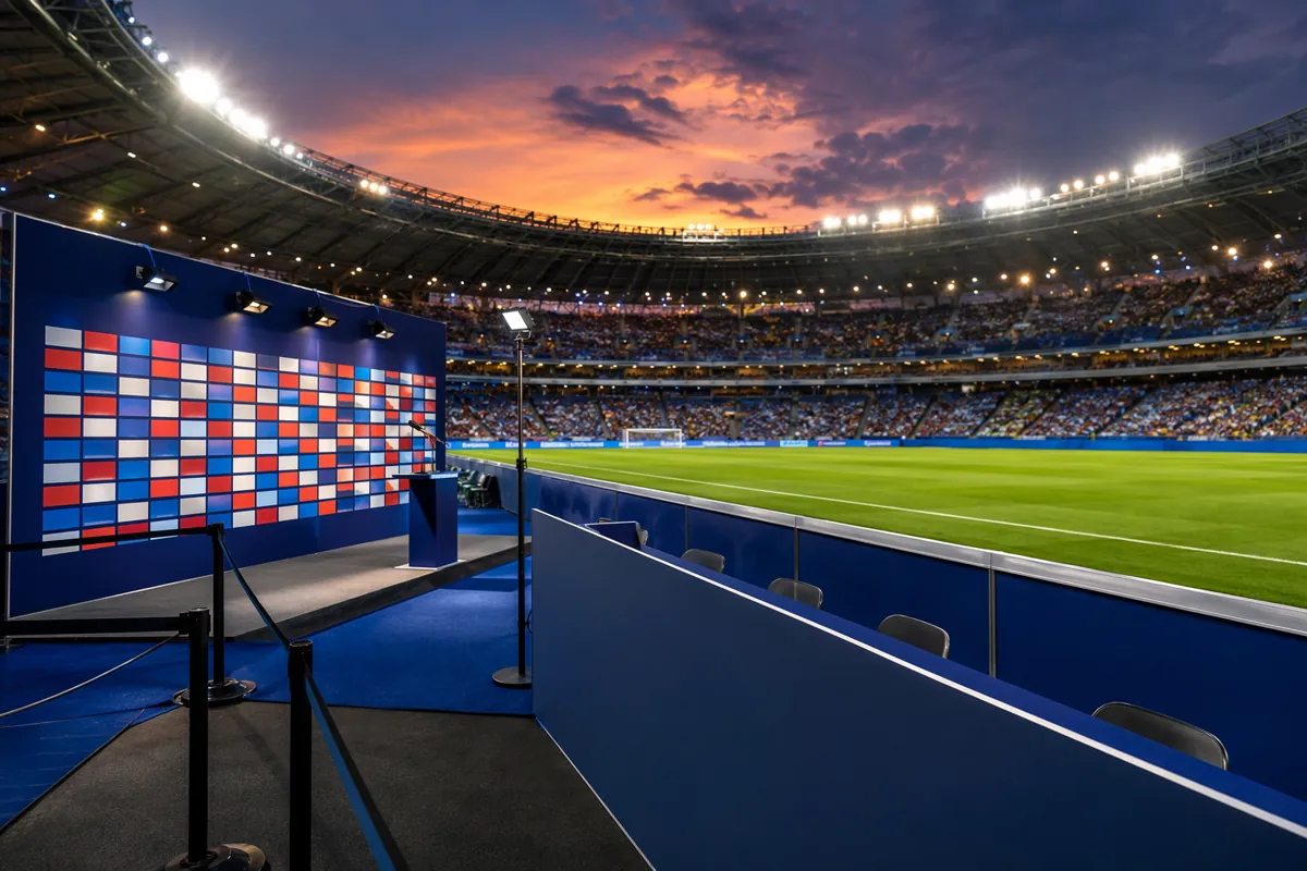 Wide shot of a modern FIFA World Cup stadium at dusk, bright floodlights illuminating the