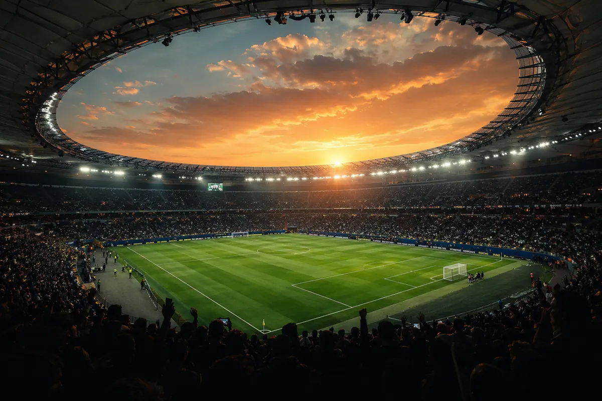 Wide shot of a modern FIFA World Cup stadium at golden hour, with well-maintained green pi