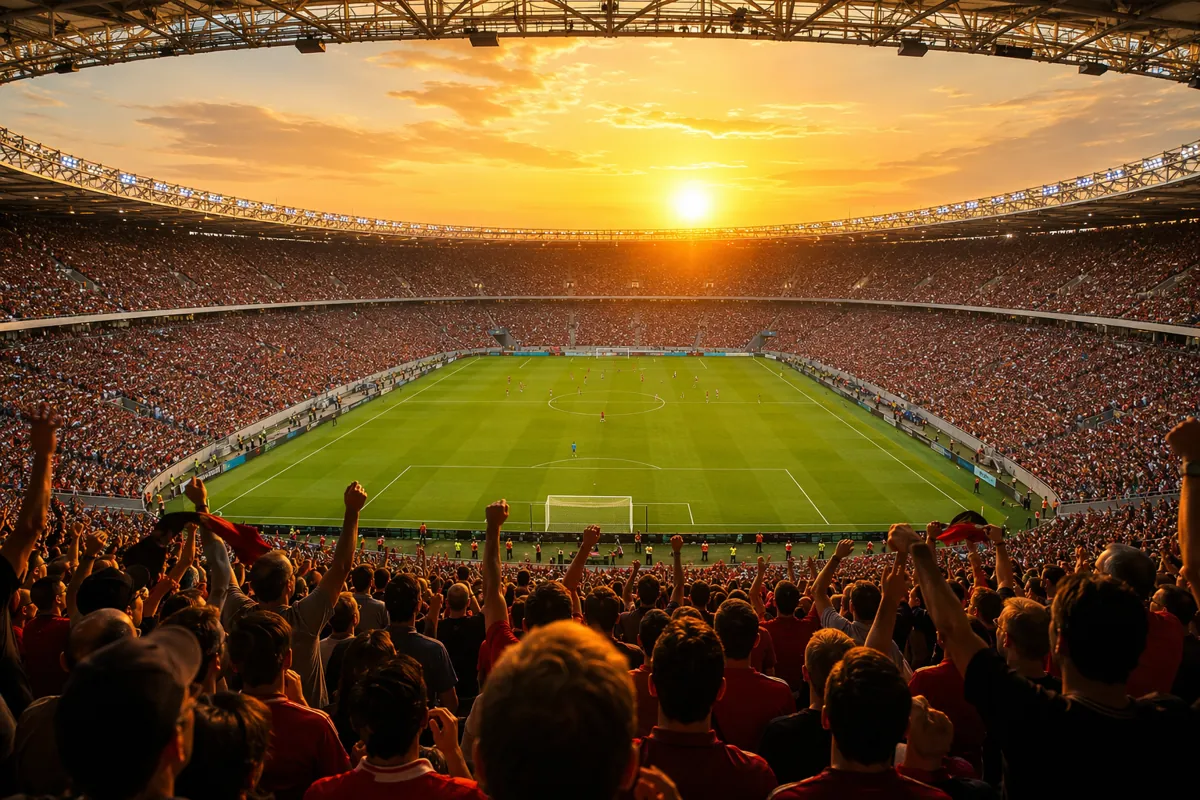 Wide shot of a packed modern football stadium during golden hour, with vibrant crowd of fo