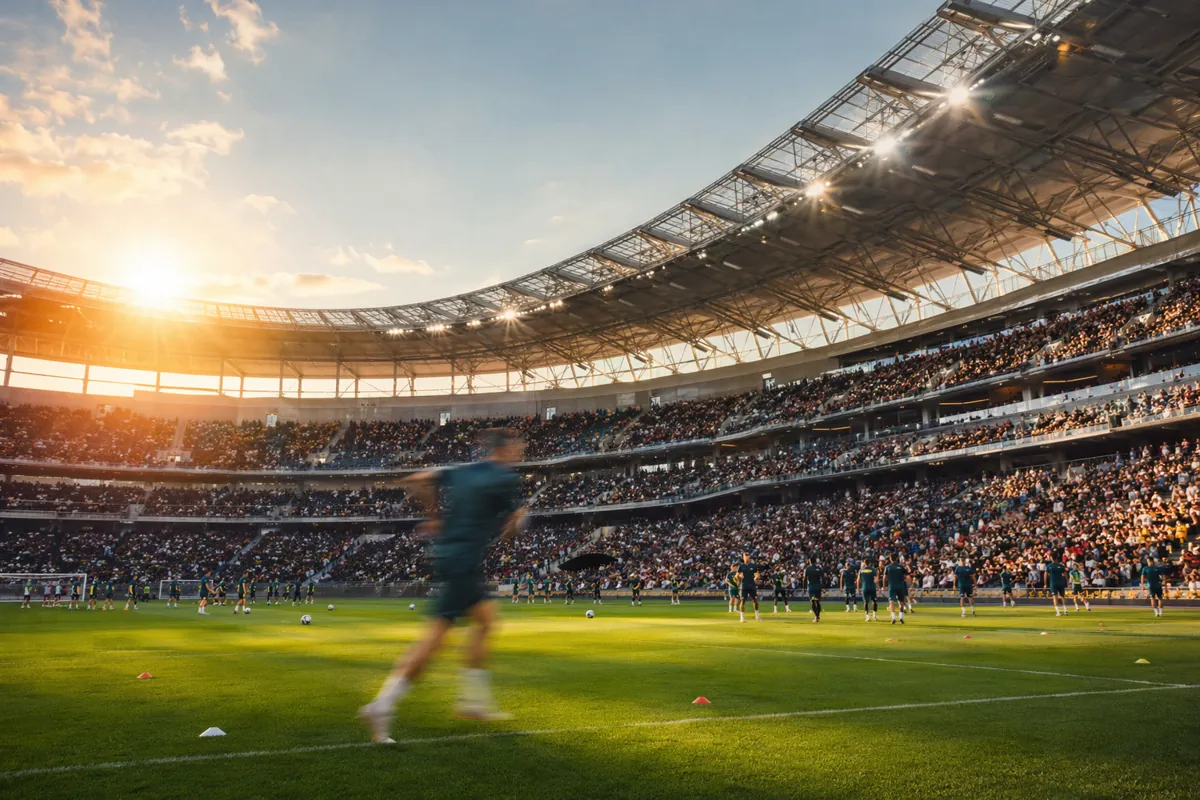 Wide shot of a modern professional football stadium during a warm-up event, vibrant crowds