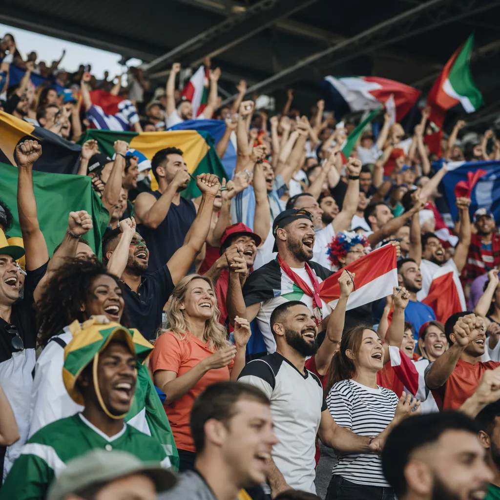 Wide shot of diverse football fans cheering in stadium stands, holding colorful