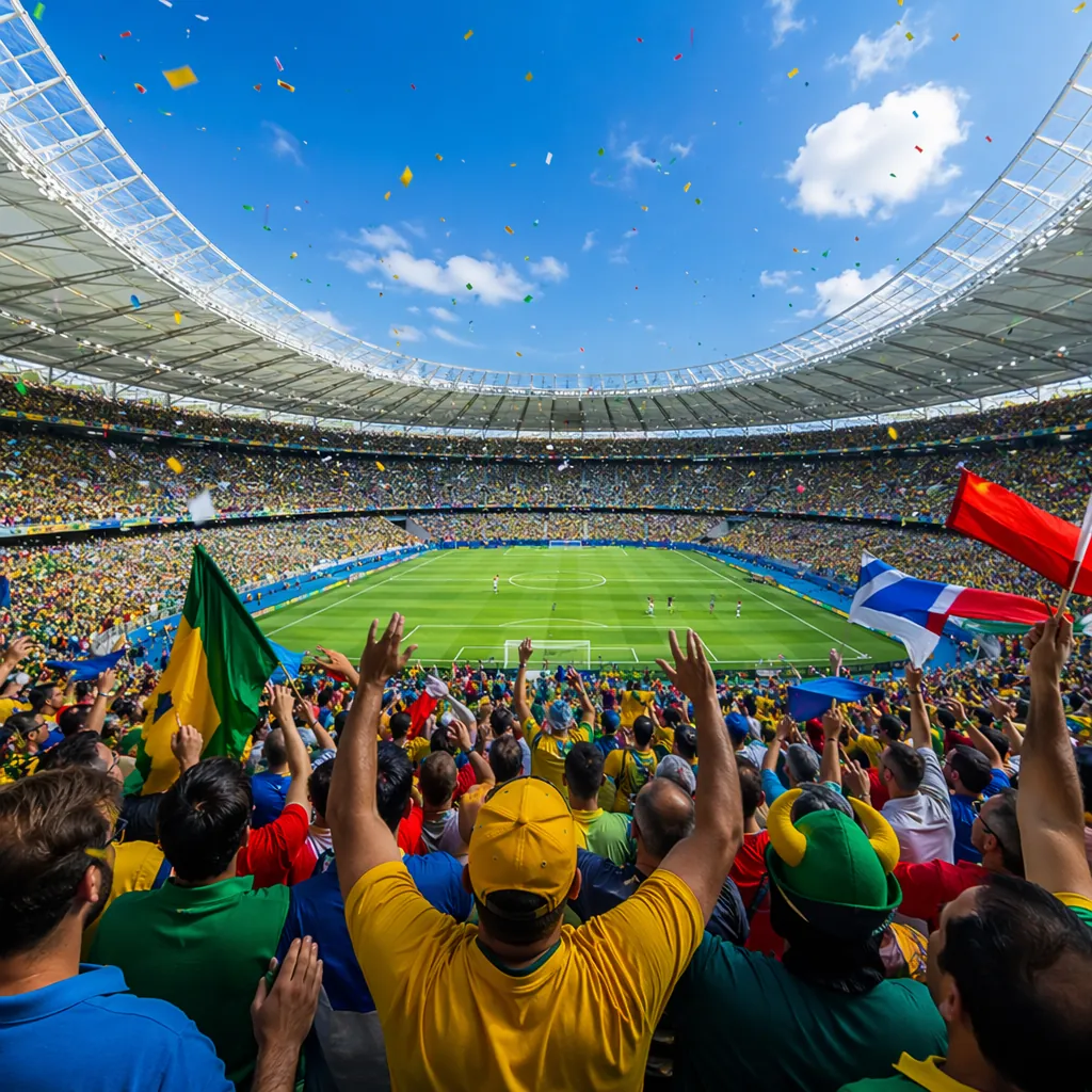 Wide shot of a generic World Cup style soccer stadium filled with cheering fans,